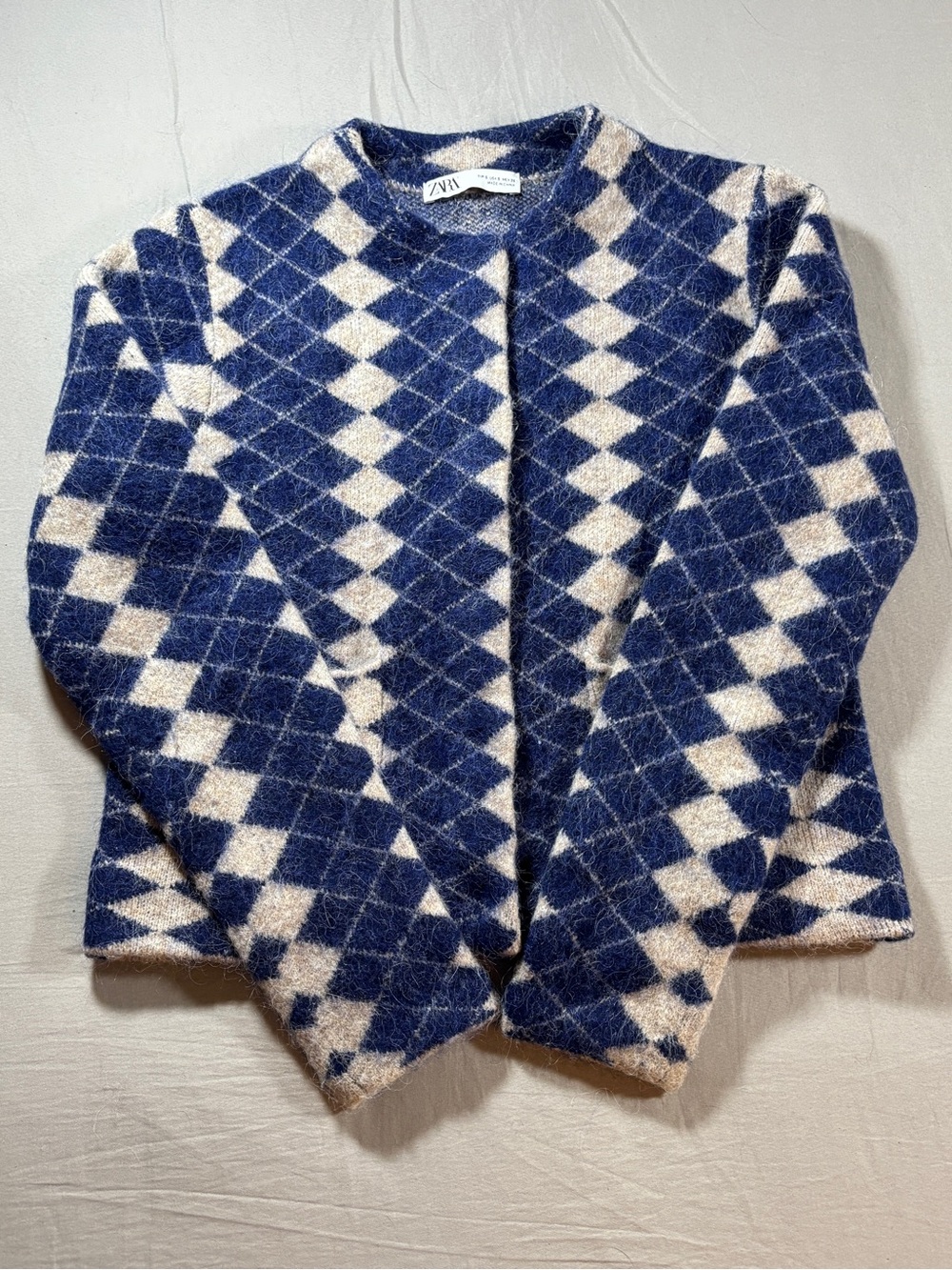Zara Women’s Diamond Jacquard / Argyle Wool Blend Snap Front Cardigan